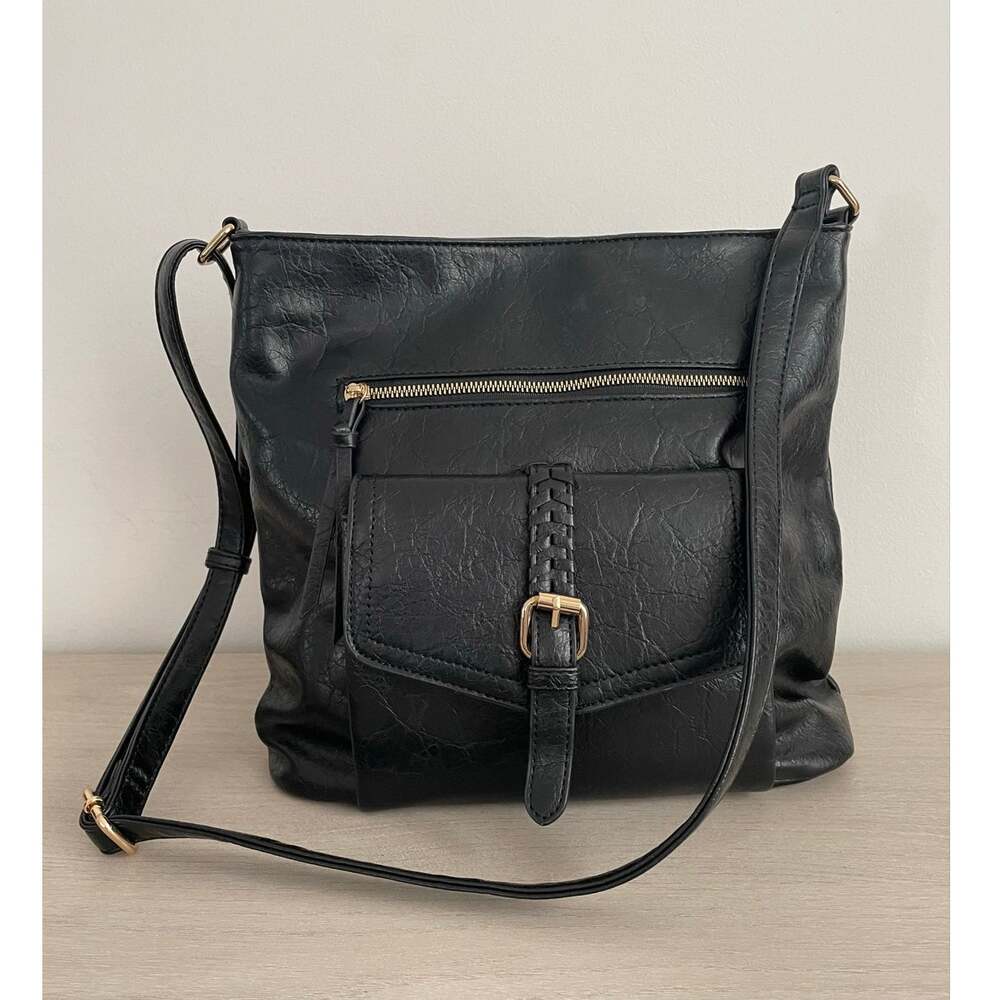 Black Textured Faux Leather Crossbody Shoulder Bag Multi Pocket Buckle Purse